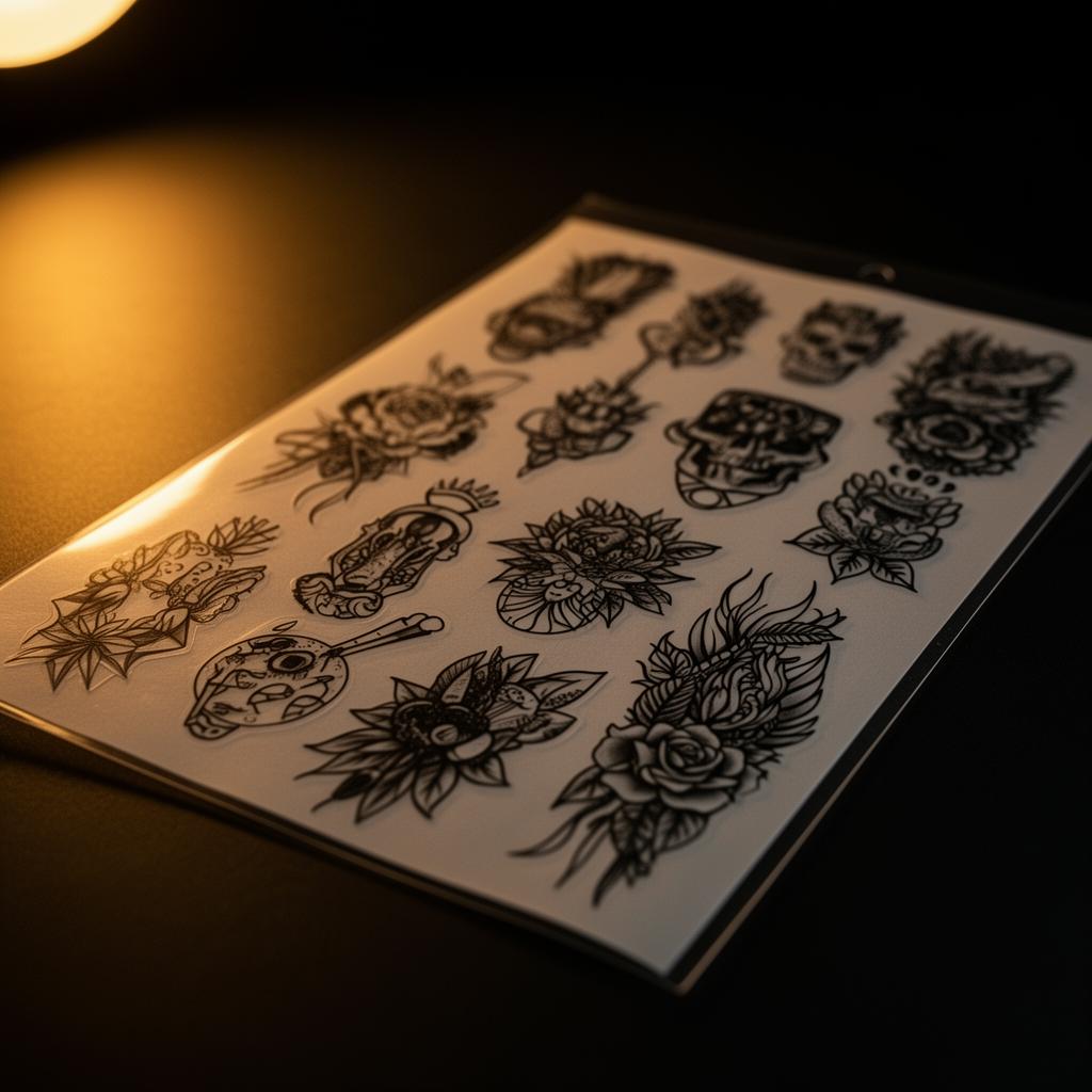 Premium temporary tattoo sheet with black linework designs