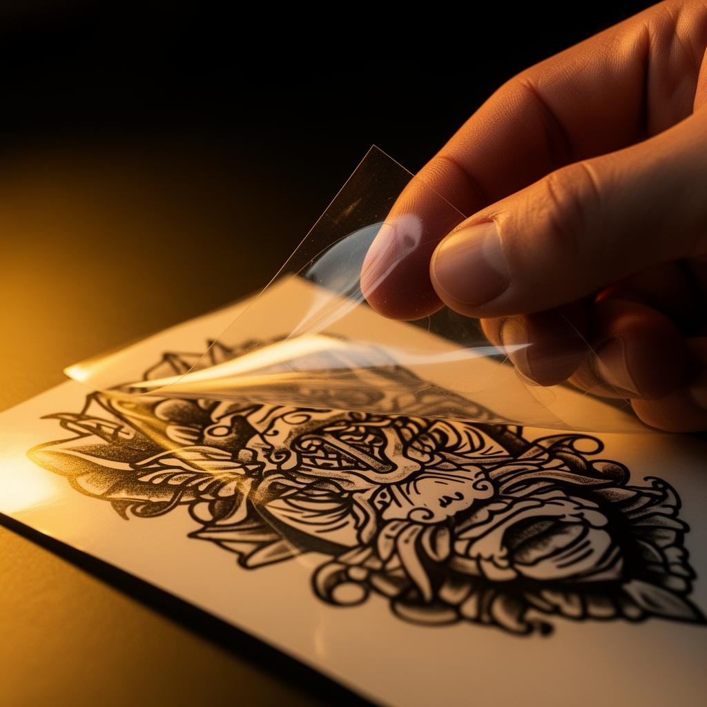Hand peeling protective film from a temporary tattoo transfer