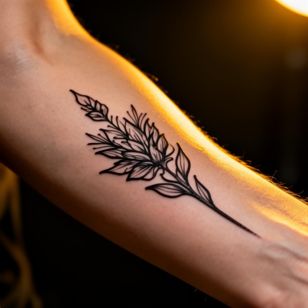 Black line temporary tattoo revealed on skin under warm light