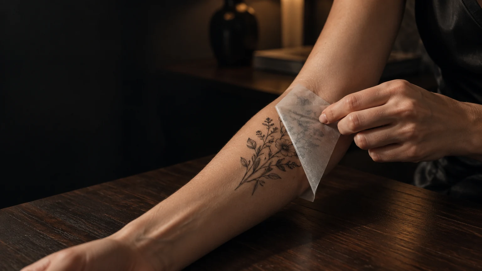 Temporary tattoo transfer being peeled from real skin to reveal black botanical linework