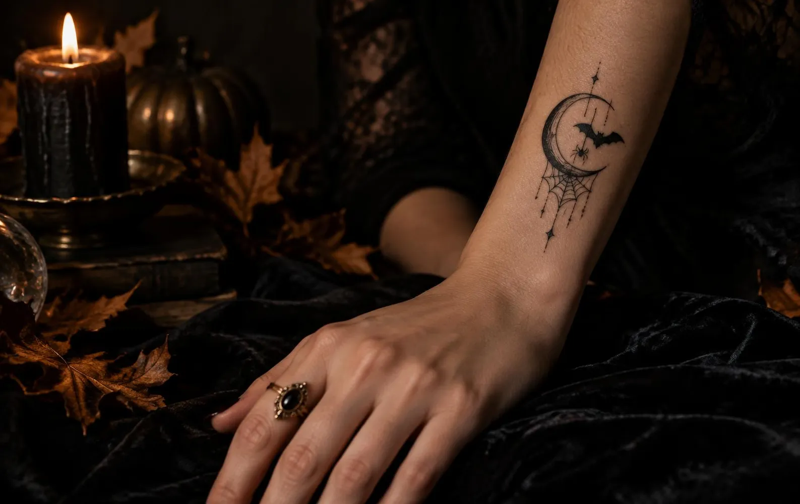 Fine-line crescent moon, bat and spider web temporary tattoo worn on a forearm beside candlelight, a Halloween temporary tattoo idea by Inkaro